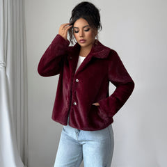 Gaovot Faux Fur Lapel Collar Button Front Long Sleeve Cropped Jacket for Daily Wear