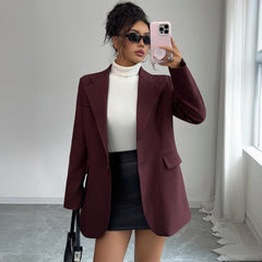 Gaovot Burgundy Lapel Collar Open Front Long Sleeve Oversized Blazer for Office & Daily Wear