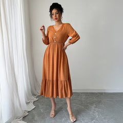 Gaovot Rust V Neck 3/4 Sleeve Button Front Flared Midi Dress