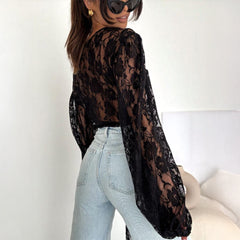 Gaovot Deep V Neck Long Sleeve Lace Cross Sexy Women Top Blouse