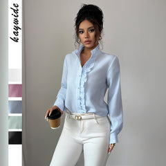 Gaovot Elegant Light Blue Striped Ruffle Detail Blouse for Office Wear