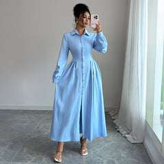 Gaovot Elegant Sky Blue Turn-Down Collar Long Sleeve Maxi Dress