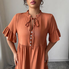 Gaovot Rust Tie Neck Short Sleeve Tiered Mini Dress for Casual Outings