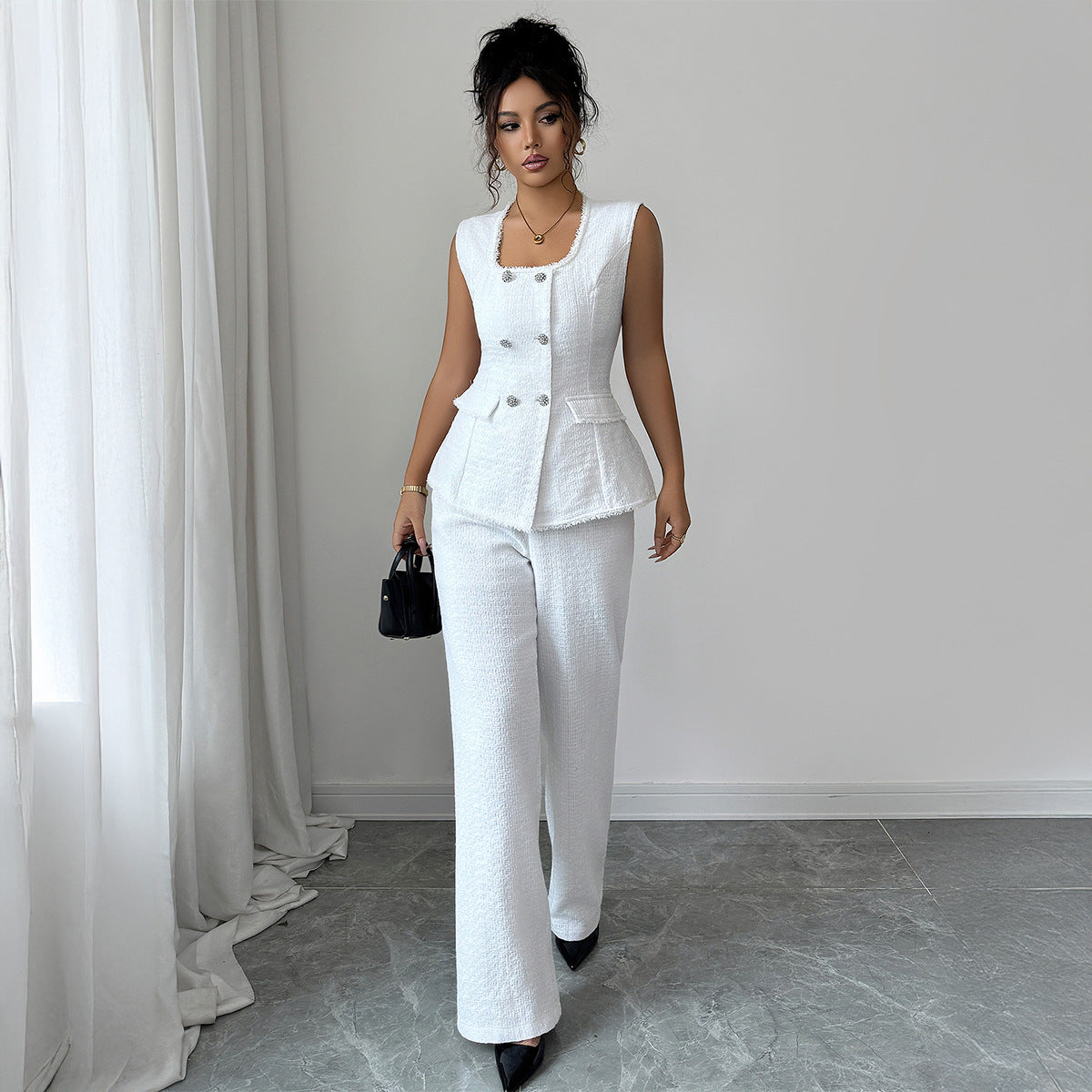 Gaovot Textured Double Breasted Vest & High Waisted Wide Leg Pants Set