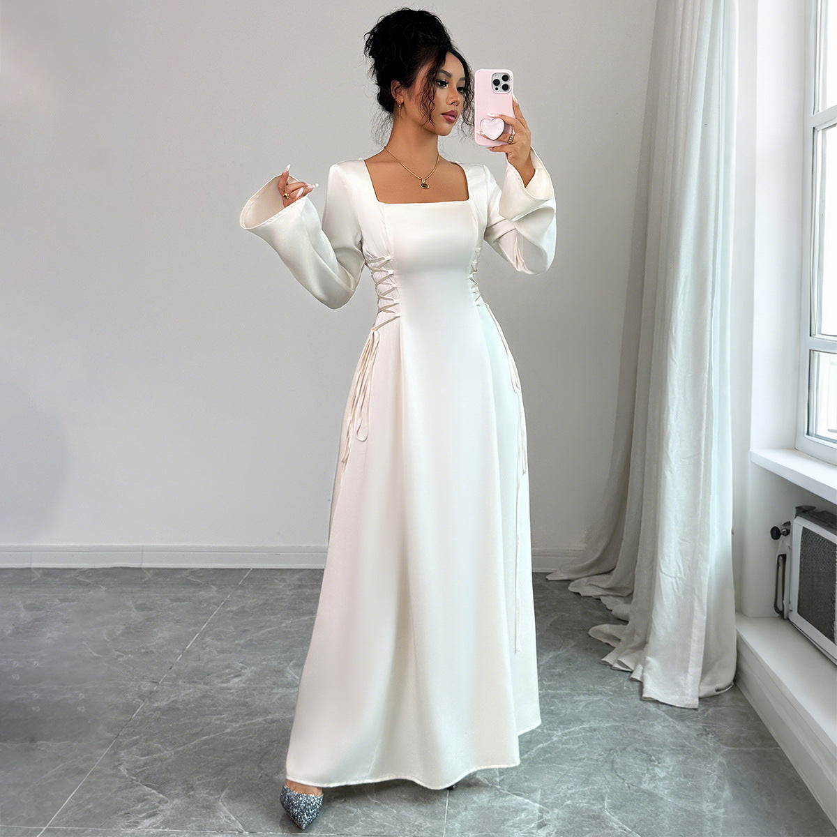 Gaovot Square Neck Long Sleeve Ruched Waist Maxi Dress for Formal Occasions