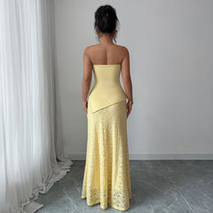 Gaovot Glamorous Yellow Strapless Ruched Top Lace Skirt Maxi Dress for Formal Events