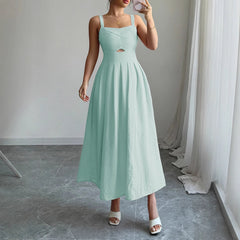 Gaovot Elegant Pink Stap Cutout Waist Flared Maxi Dress