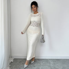 Gaovot White Contrast Lace Detail Long Sleeve Bodycon Maxi Dress for Evening