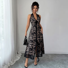 Gaovot Glamorous Black Lace Halter Neck V Neck High Slit Maxi Dress for Formal Events
