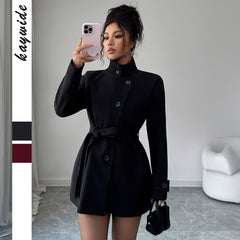 Gaovt Elegant Black Stand Collar Belted Button Front Long Sleeve Tunic Coat