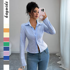 Gaovot Striped Fitted Shirt with Turn-Down Collar & Long Sleeves