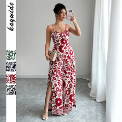 Gaovot Summer Boho Elegant Floral Print Spaghetti Strap Tie Front Side Slit Maxi Women Jumpsuits