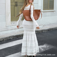 Gaovot Elegant White Lace Long Sleeve Tiered Maxi Dress