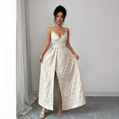 Gaovot Elegant Beige Textured Spaghetti Strap Flared Maxi Dress