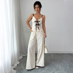 Elegant Contrast Binding Bow Front Cami Top & Wide Leg Pants Two Piece Set