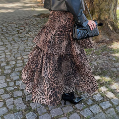 Gaovot European and American elegant leopard print cake-length dress midi skirt for women