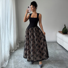 Gaovot Elegant Black Square Neck Contrast Mesh Floral Print Maxi Women Dresses
