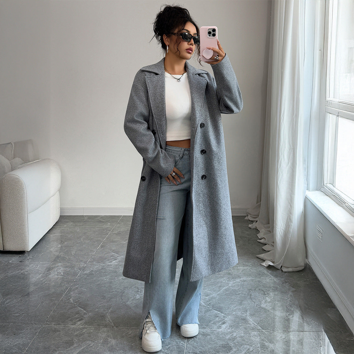 Gaovot Lapel Collar Double Breasted Long Sleeve Oversized Trench Coat for Casual Outings