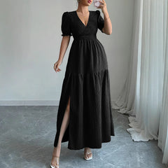 Gaovot V Neck Puff Sleeve Smocked Waist Tiered Maxi Dress with Side Slit