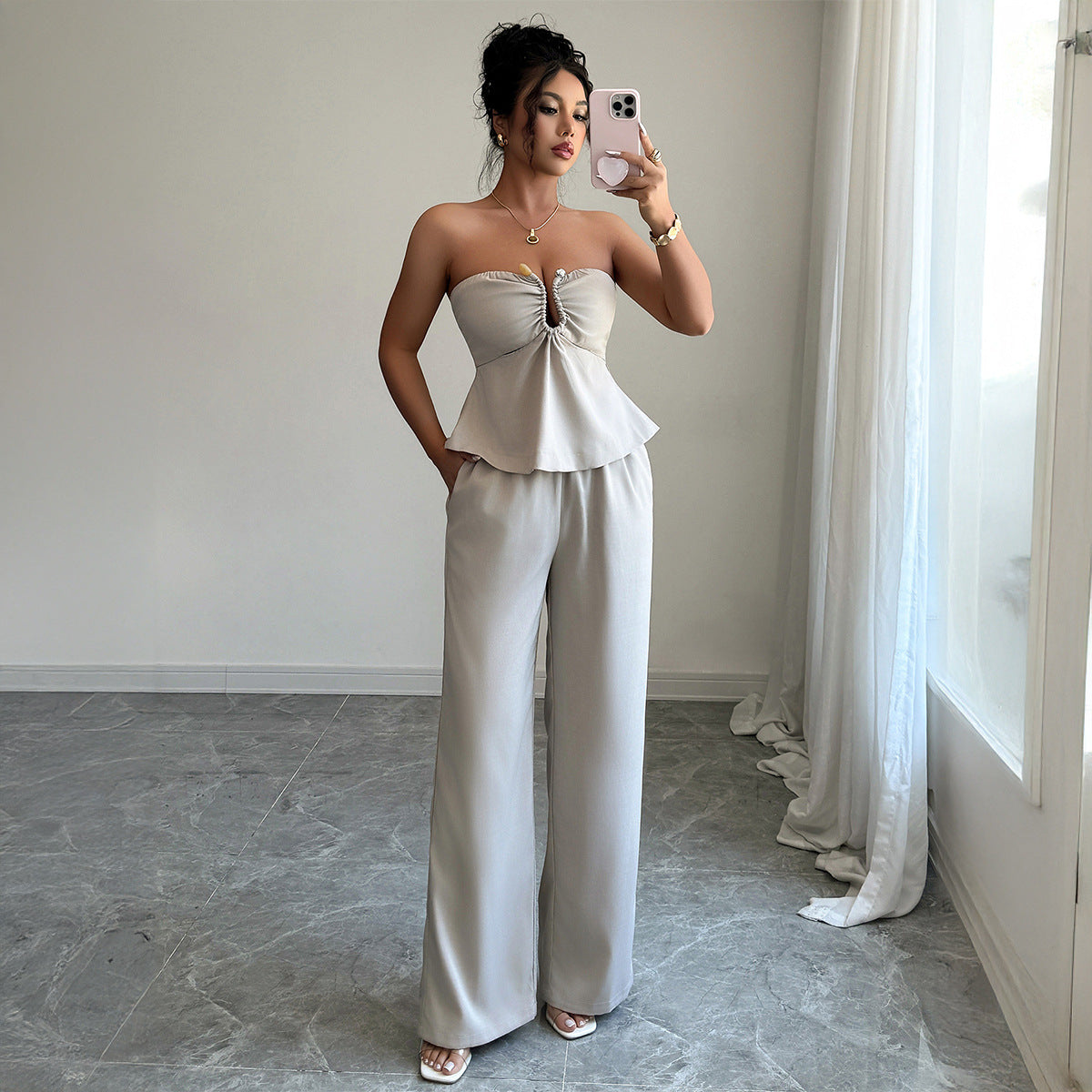 Gaovot Elegant Beige Strapless Twist Front Crop Top & Wide Leg Pants Two Piece Outfit