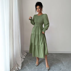 Gaovot Dusty Smocked Ruffle Cuff Tiered Midi Dress for Daily Wear