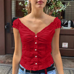 Gaovot European women's fashion Y2K ruffled V-neck T-shirt, women's slim-fit cardigan, BM tank top blouse