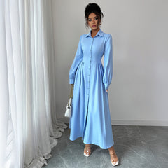 Gaovot Elegant Sky Blue Turn-Down Collar Long Sleeve Maxi Dress