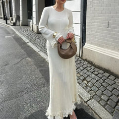 Gaovot Casual and simple solid-color wide-neck long-sleeved sweater long maxi women's dress