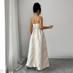 Gaovot Elegant Beige Textured Spaghetti Strap Flared Maxi Dress