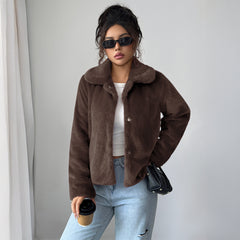 Gaovot Faux Fur Lapel Collar Button Front Long Sleeve Cropped Jacket for Daily Wear