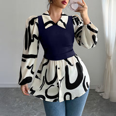 Gaovot Black & White Abstract Print Contrast Collar Puff Sleeve 2 In 1 Blouse for Daily Wear