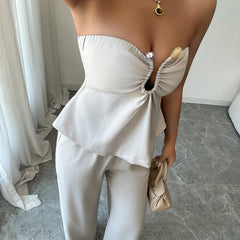 Gaovot Elegant Beige Strapless Twist Front Crop Top & Wide Leg Pants Two Piece Outfit