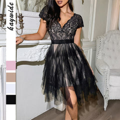 Gaovot Women Deep V Neck Lace Sleeve Tulle Overlay Mini Dress for Evening