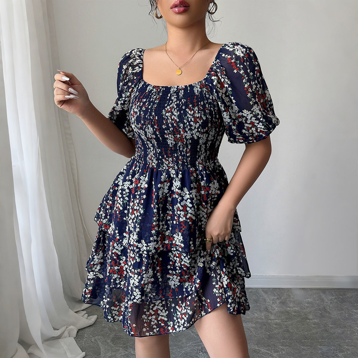 Gaovot Floral Print Square Neck Puff Sleeve Smocked Tiered Mini Dress for Daily Wear