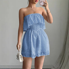 Gaovot Strapless Ruffle Trim Smocked Waist Embroidered Romper for Beach