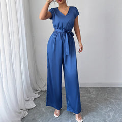 Gaovot V Neck Short Sleeve Tie Waist Satin Wide Leg Jumpsuit