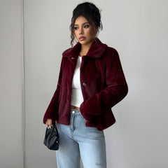 Gaovot Faux Fur Lapel Collar Button Front Long Sleeve Cropped Jacket for Daily Wear