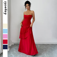 Gaovot Summer Strapless Ruffle Detail Mermaid Women Maxi Dress for Evening