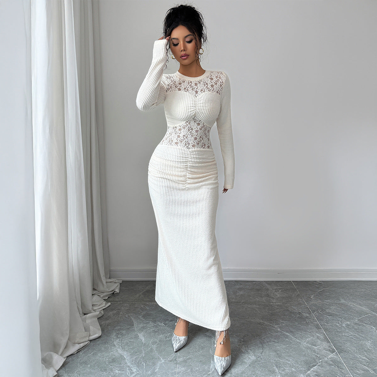 Gaovot White Contrast Lace Detail Long Sleeve Bodycon Maxi Dress for Evening