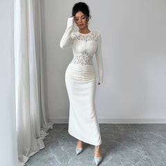 Gaovot White Contrast Lace Detail Long Sleeve Bodycon Maxi Dress for Evening