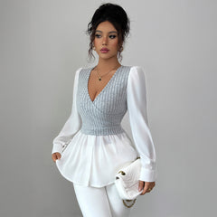 Gaovot Contrast Ribbed Knit Panel V-Neck Blouse with Flared Hem