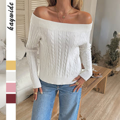 Gaovot Off Shoulder Foldover Neck Cable Knit Pullover Sweater  for Casual Outings
