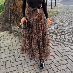 Gaovot European and American elegant leopard print cake-length dress midi skirt for women