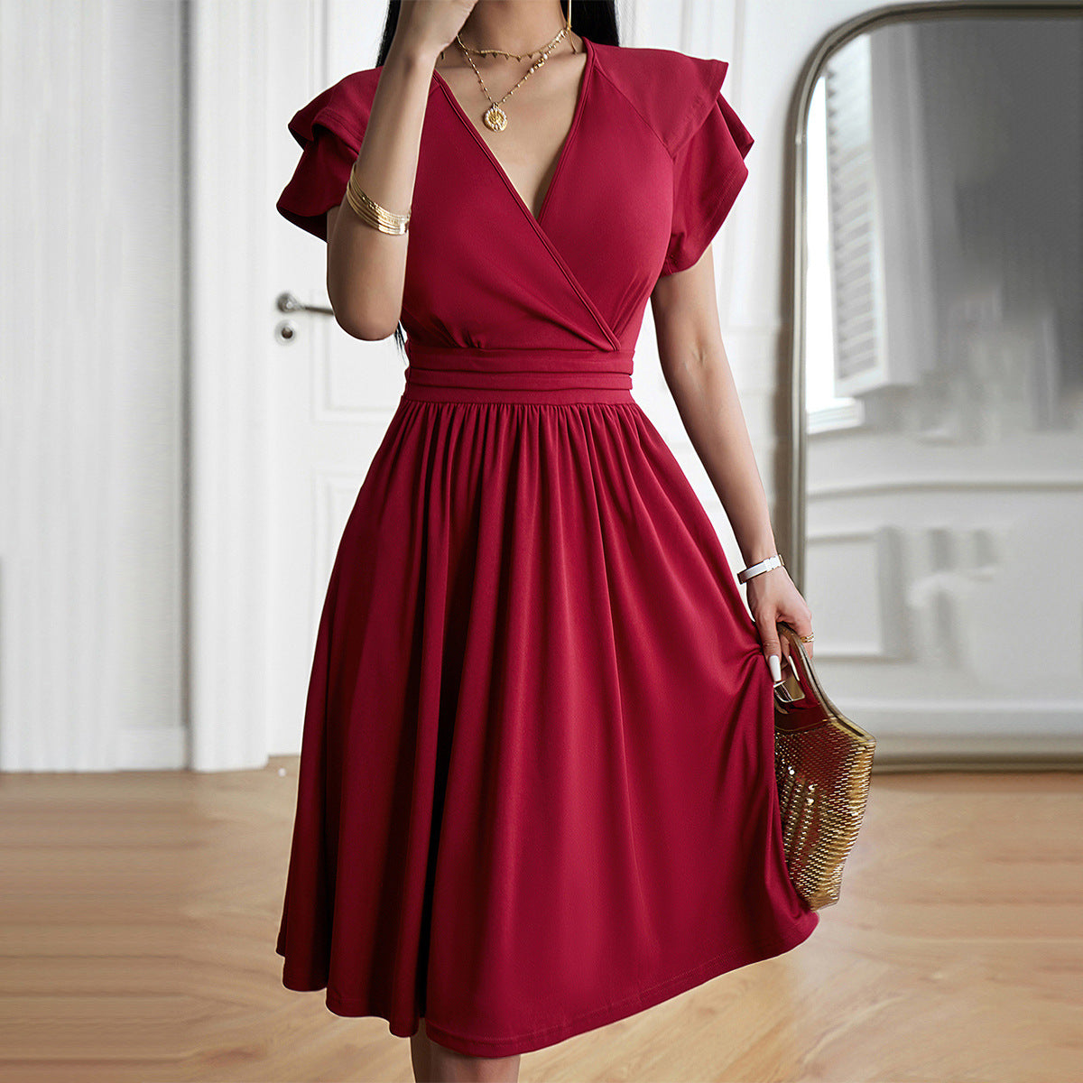 Gaovot Elegant V-neck mid-length A-line women dress short-sleeved fitted at the waist elegant lady's dresses