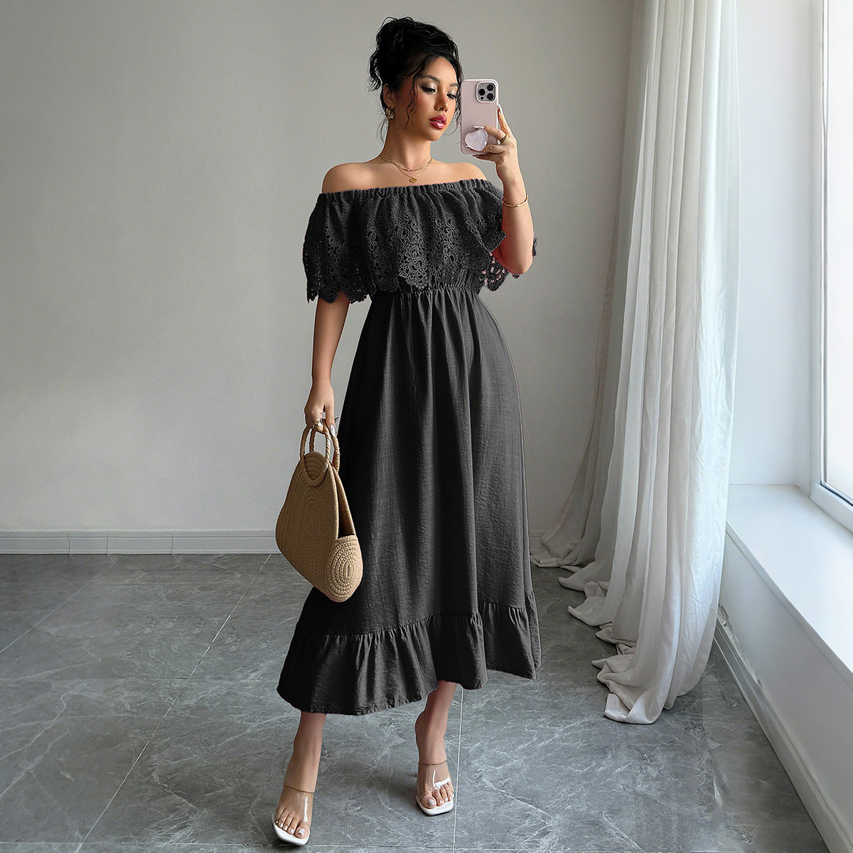 Gaovot Elegant Pink Off Shoulder Lace Sleeve Ruffle Midi Dress