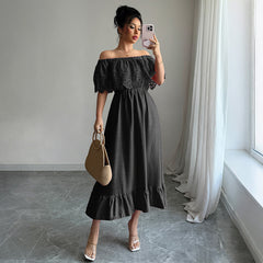 Gaovot Elegant Pink Off Shoulder Lace Sleeve Ruffle Midi Dress