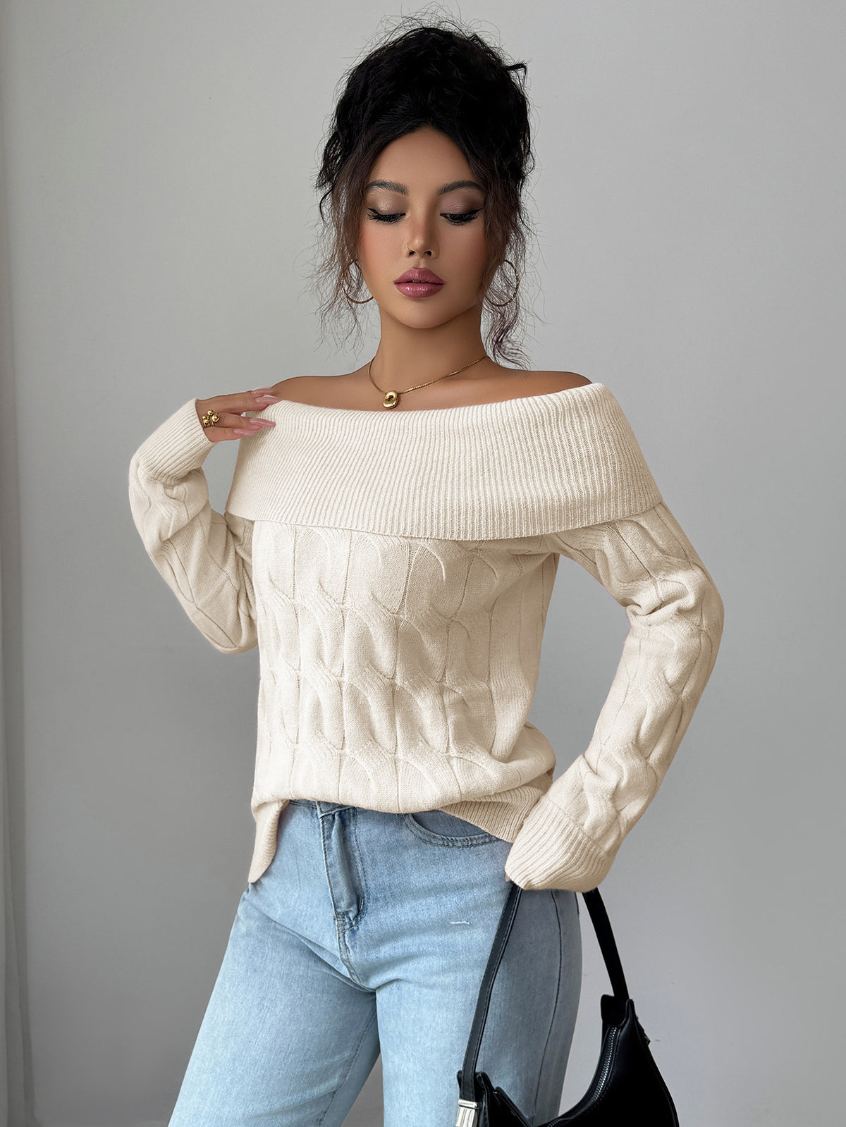 Gaovot Cozy Beige Off Shoulder Cable Knit Long Sleeve Sweater For Women