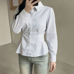 Gaovot European/American casual y2k waist-hugging striped blouse for women, 2025 autumn/winter new style