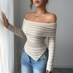 Gaovot Trendy Off Shoulder Asymmetrical Hem Ruched Knit Top