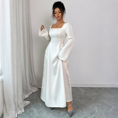 Gaovot Square Neck Long Sleeve Ruched Waist Maxi Dress for Formal Occasions